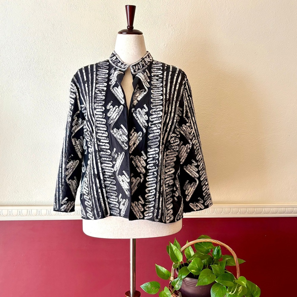 Chicos Black & White Soutache Ribbon Open Jacket 2 Large Cotton Artsy Tapestry